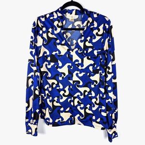 Julie Brown Blouse, Notch Collar, Long Sleeve, Blue Black White, Women's Medium